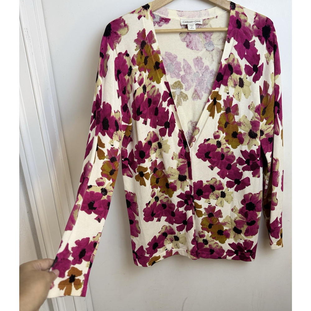 Coldwater Creek Women Floral Poppy Cardigan Size M Button V Neck Coastal Grandma